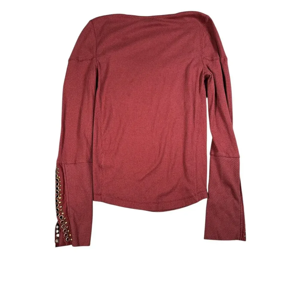 Free People A Litte Unruly Thermal Top L Studded Square Neck Red Boho Grunge